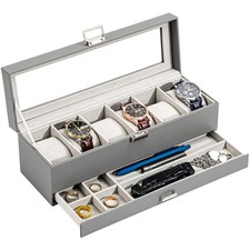 Caja de reloj para hombre, vitrina de reloj de 6 ranuras con cajón, reloj para hombre