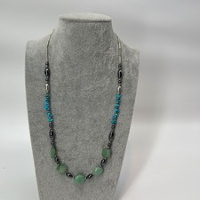 Turquoise Green Stone Hematite Beaded Necklace Boho Statement Jewelry 19 inches