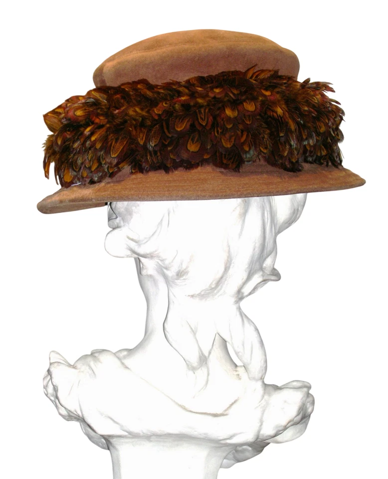 Sombrero Eric Javits vintage, estilo eduardiano marrón gamuza/plumas, repelente al agua Foto 3 de 4