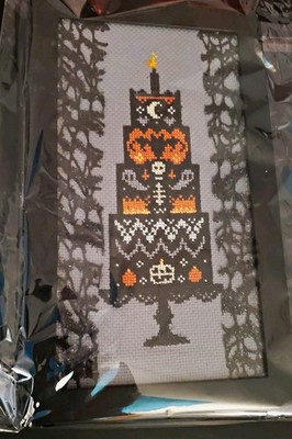 Scary Halloween Cake Beaded  1 of a kind Cross Stitch 7 x 11 framed