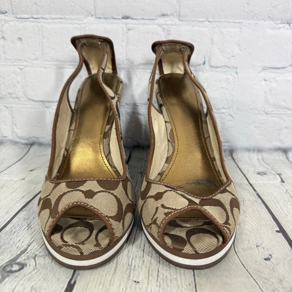 Sandalias Coach para mujer talla 9 firma CC marrón punta abierta zapatos sin cordones Foto 3 de 4