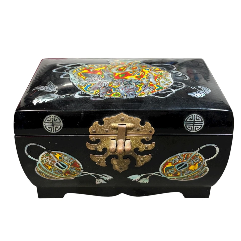 Chinese Black Lacquer Jewelry Box Brass Lock Red Velvet Inlay Double Gourd - Image 2 of 4