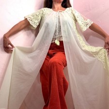 Vintage Shadowline 60s Light Green Sheer Nylon Lace Peignoir Long Robe Sz S