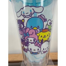 Sanrio Hello Kitty and Friends Clear Plastic Tumbler with Blue Lid and Straw