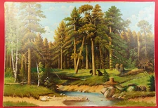BIG Russia or Ukraine Forest Landscape w. Bears ORIG Naïve Painting Oil Oilcloth