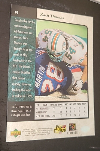 1996 SP #91 Zach Thomas Rookie Card Team: Miami Dolphins "54" HOF Football - Picture 4 of 6
