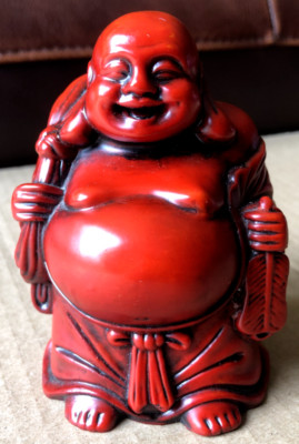 Vintage Original  Laughing Buddah 'Deep Red Cinnabar Resin' Statue Figurine