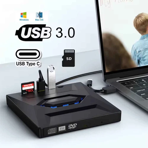 5-in-1 USB 3.0 USB-C External DVD RW CD Drive Burner Reader Player For PC Laptop