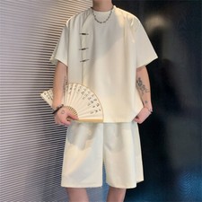 Men Summer Outfit 2-Piece Set Short Sleeve Shirt and Shorts Sweatsuit Set