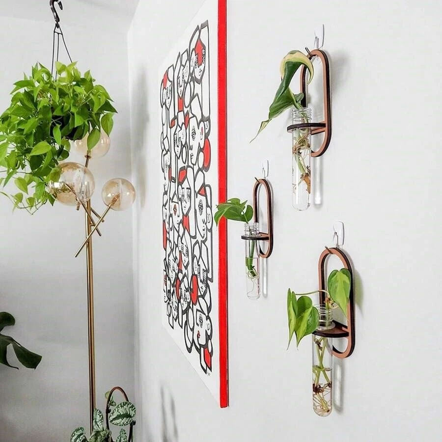 Maceta colgante de pared de propagación con soporte de madera y jarrón decoración de pared interior boho Foto 4 de 4