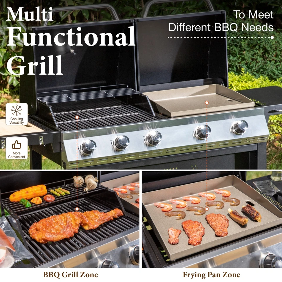 Gas Griddle Frying Combo 5-Burner Outdoor BBQ Grill 54000BTU 696 SQIN Cook Area - Image 2 of 4