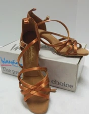  Latin Ballroom shoes open toe Satin strappy "Melissa" IntDanceShoes Dark Tan