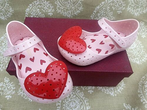 Girls Mini Melissa Infant Shoes- Size UK 4 EU 21 Red heart.Pink mary jane - Photo 1/6