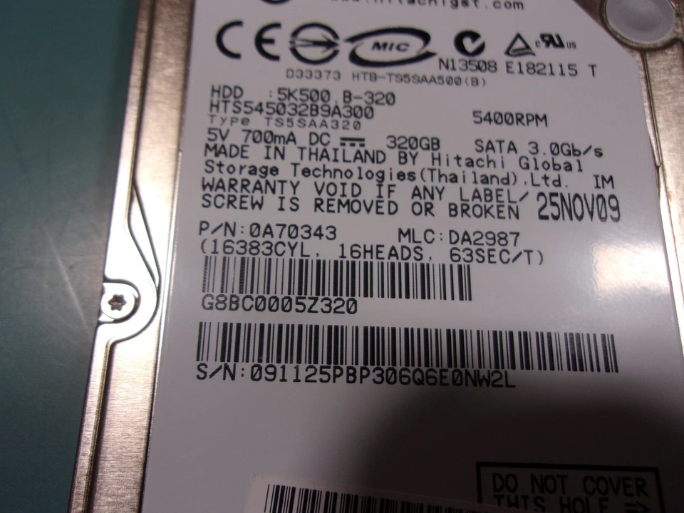 0A70343 HTS545032B9A300 5K500.B-320 320GB 5400RPM 8MB 9,5MM SATA - Image 2 of 3