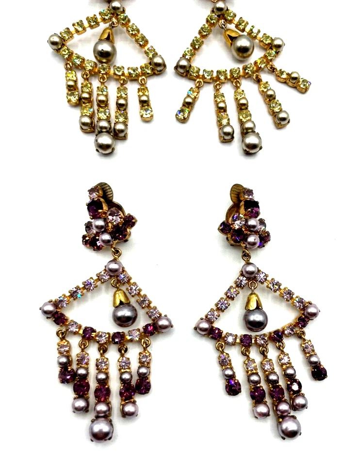 2 Paar vintage prächtige Strass Ohrhänger Clips Hollywood Glamour 50er Jahre - Bild 3 von 4