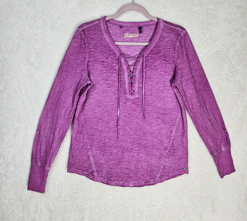 Buffalo David Bitton Women Top Medium Purple 100% Cotton Long Sleeve Lace Up Fit