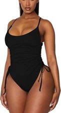 Women's Ruched High Cut One Piece Swimsuit Tummy Control Black Size Large