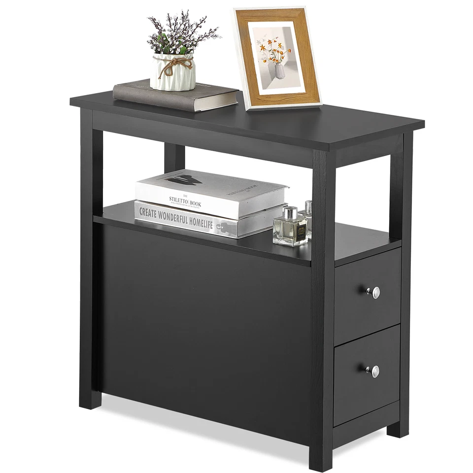 3 Tier 24 Inch End Table Narrow Side Table w/ 2 Drawers and Storage Shelf Black - Image 3 of 4