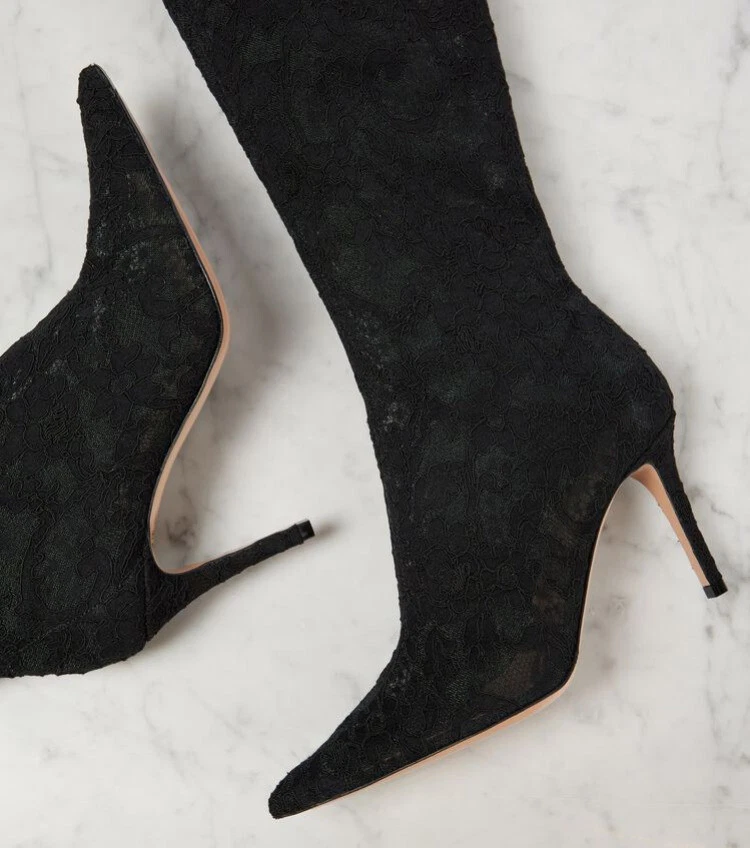 Botas para mujer de encaje estilo americano con punta hasta la rodilla tacón de aguja cremallera Foto 3 de 4