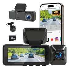 4K 3 Channel Dash Cam Front and Rear 3.16'' IPS Screen Dashcam w/ G-Sensor 64G
