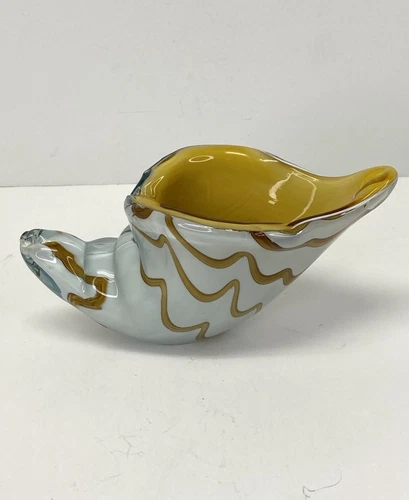 Murano Style Art Glass Shell White Brown & Yellow Figure Paperweight Vintage
