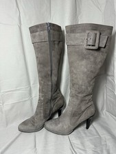 Jaime mascaro grey/ brown suede buckle strap accent kitten heeled boots  size 5