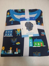Woman's Pajama Piece Set - Hanukkah With Animals Navy Blue Size Small
