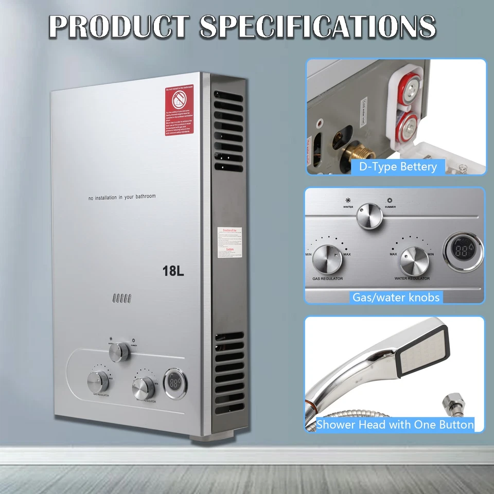 Calentador de agua de gas portátil sin tanque 18L GLP propano caldera ducha de camping al aire libre Foto 4 de 4