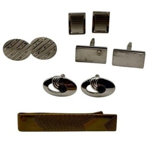 Vintage Swank Anson Mens Cufflinks Tie Bar Lot 5pc Silver Gold Tone Blue Stone