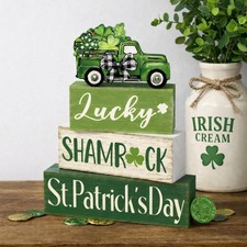 4 Pcs St Patrick's Day Table Decorations Green Shamrocks Wooden Signs Block F...
