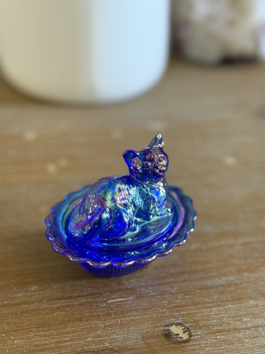 Rare Vintage Mosser Cat on Nest Blue Oil Slick Carnival Glass