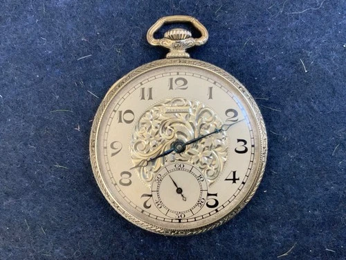 ANTIQUE 1923 ILLINOIS MARQUIS 525 12s 17j Art Deco 14k GF Pocket Watch RUNs
