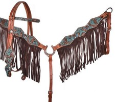 Turquoise  Brown Floral Tooled Headstall  Fringe Breast Collar  Reins NEW