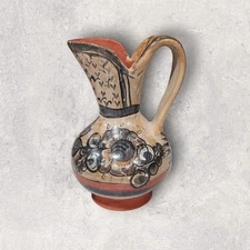 Vintage 8" Mexican Tonala Folk Art Pottery Pitcher Floral  Beige Gray Rust AS IS