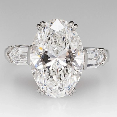 Moissanite Three Stone Ring 5.43 Ct Oval Cut 14K White Gold Plated Silver
