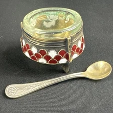 Antique Continental 800 Silver Enamel Salt Cellar w Glass Insert & Spoon