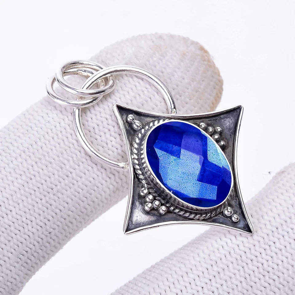 Colgante de plata de ley 925 maciza con topacio fuego místico arco iris azul V3362 Foto 2 de 4