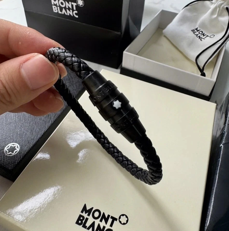 Montblanc Meisterstück Hombre Pulsera Cuero Negro 21cm Acero Inoxidable-Juego Completo Foto 3 de 4