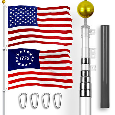 25 Ft Telescoping Flagpole Silver & USA and Betsy Ross 1776 Flags Emb 300D 3x5Ft