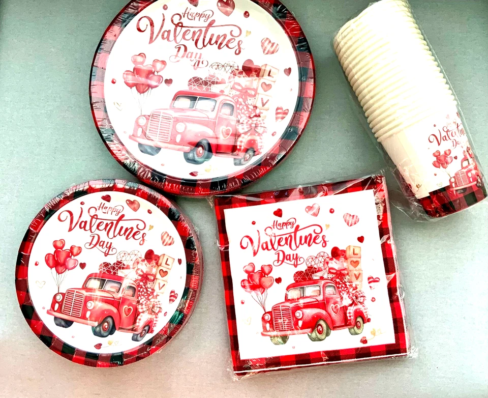 KIT DE VAJILLA 20 UNIDADES SUMINISTROS FIESTA FELIZ DÍA DE SAN VALENTÍN PLATOS SERVILLETAS TAZAS Foto 2 de 3