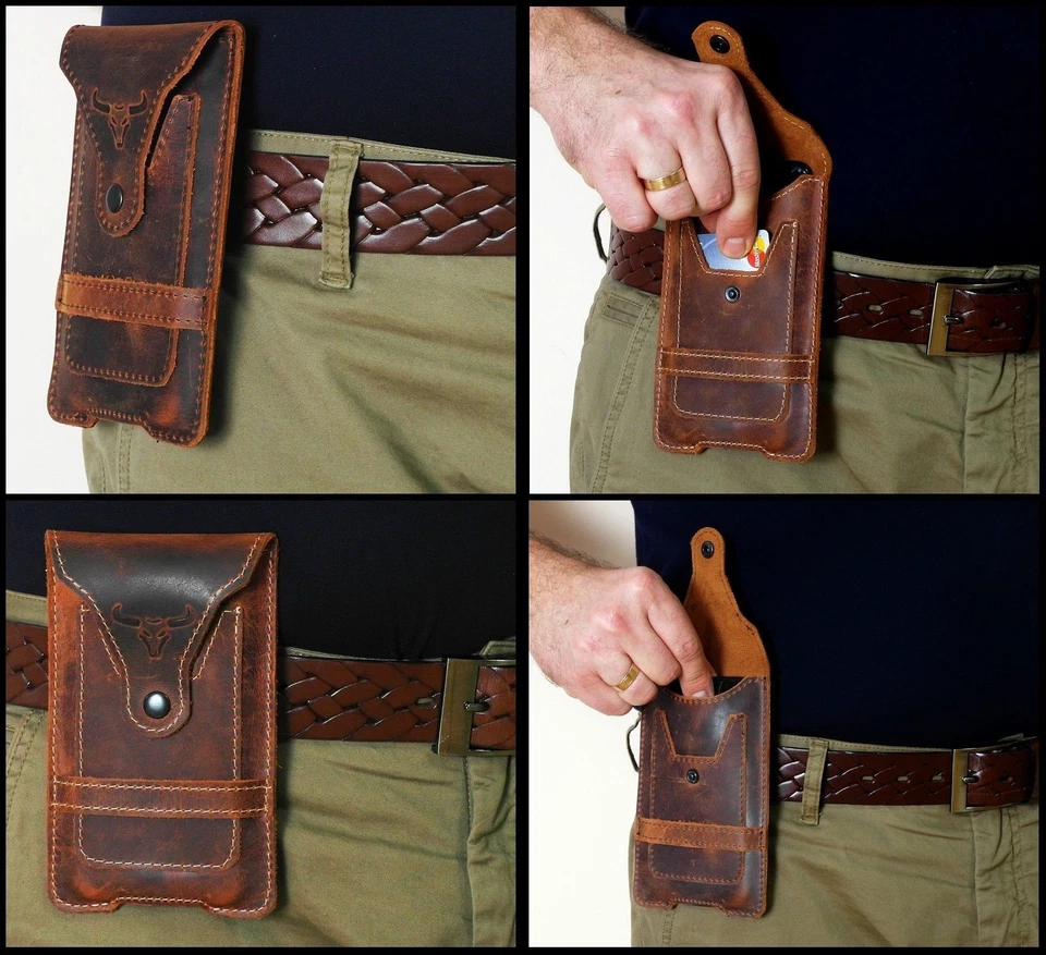 适用于带保护壳保护器的手机 - 公牛头正品皮革口袋和卡袋 — 第 3/4 张图片