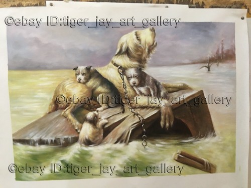 Salva Famiglia Cane In Acqua Inondazione Cuccioli Animali Domestici Paesaggio Cucciolo Dipinto Olio - Foto 2 di 2