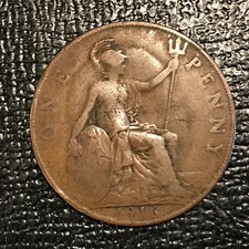 FINE DETAILS 1916 GREAT BRITAIN LARGE PENNY COIN-REV SHOWING THRU TO OBVERSE