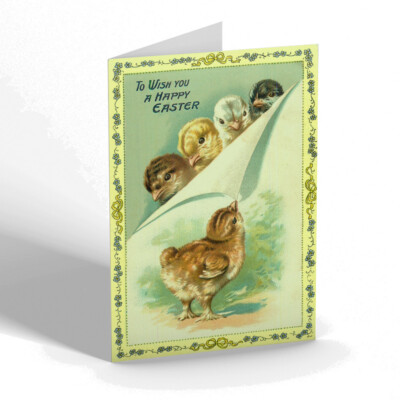 OSTERKARTE - Vintage Design - Küken zieht Laken herunter, um vier weitere zu enthüllen