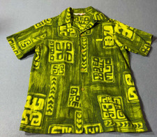 Vtg Sears Hawaii Shirt Small Green Barkcloth Hawaiian Geometric Tribal 50's 60's