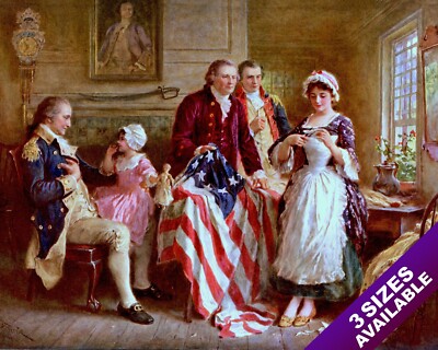 BETSY ROSS SEWING FLAG 1777 W GEORGE WASHINGTON PAINTING ART REAL CANVAS PRINT