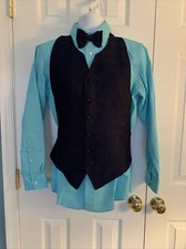 Men's Geometric Design Vest W Bow Tie Navy Blue W Black Pinstripes Perry Ellis