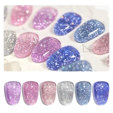 6 Pcs Jelly Glitter Gel Nail Polish Set, Pink Green Blue Colors for DIY Nail Art
