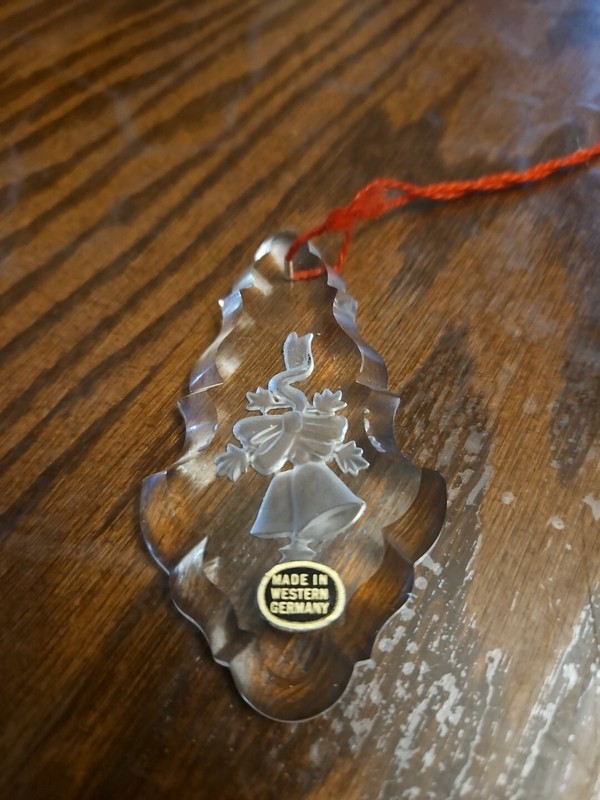 Vintage Chrystal Ornament Etched Bells, Ribbon and Holly Made In Western Germany