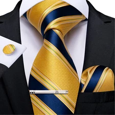 Yellow & Navy Striped Necktie Mens Tie & Hankie & Cufflinks & Tie Pin Set  Gift